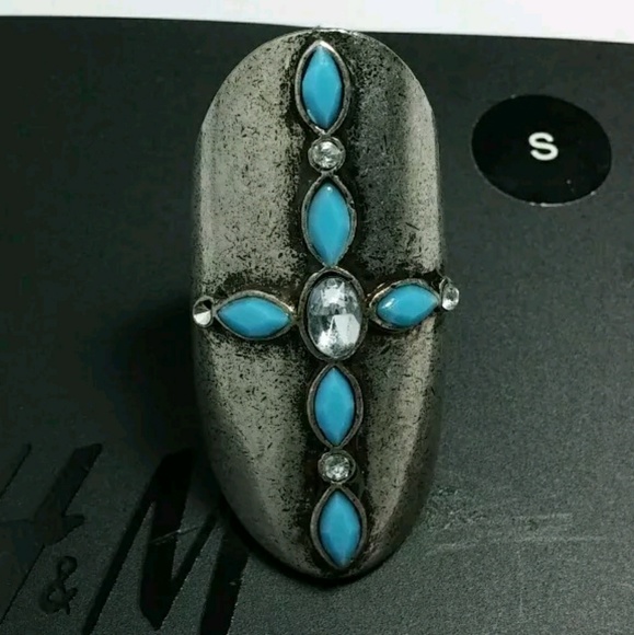 H&M BLUE CROSS SLV TONE SZ S SM KNUCKLE MIDI RING - Picture 2 of 2